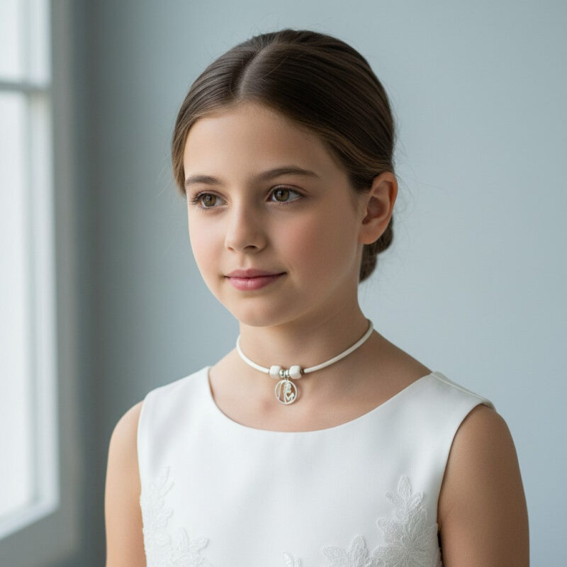 Collar de Primera Comunión virgen niña plata en cordón seda satinada blanca