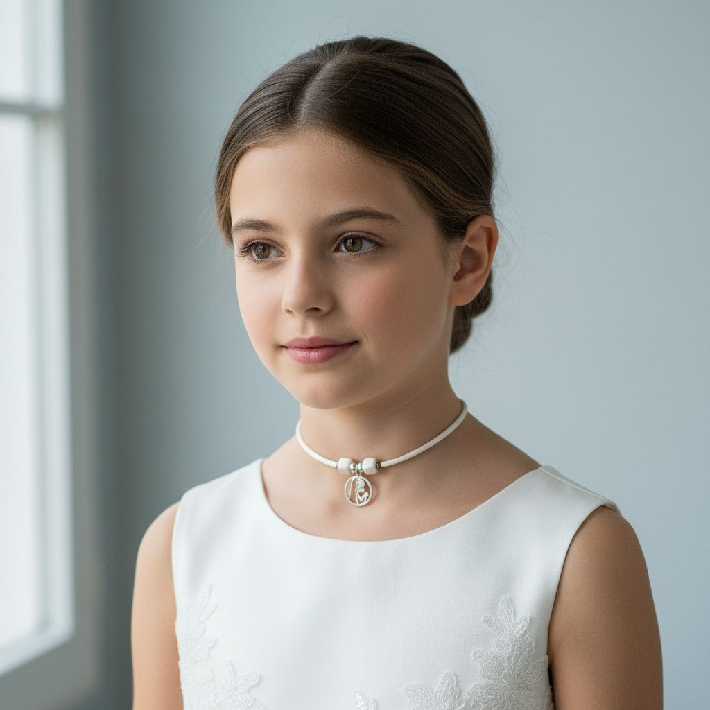 Collar de Primera Comunión virgen niña plata en cordón seda satinada blanca