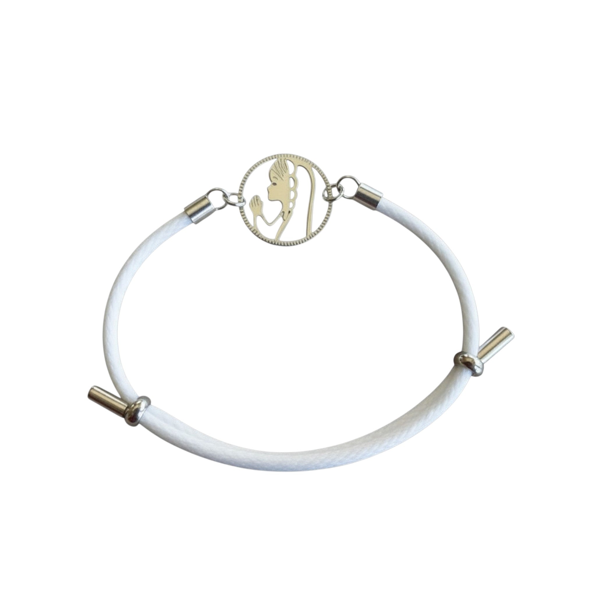 Pulsera Virgen niña calada plata 925 en cordón rosa