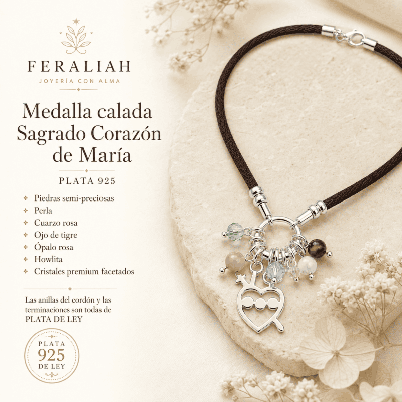 Inmaculado Corazón de Maria calado en plata 924 con piedras semi-preciosas